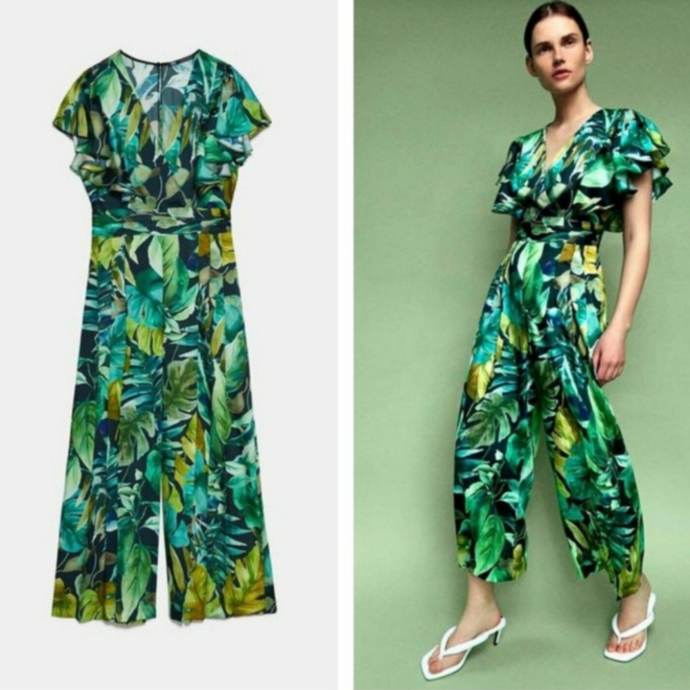 Zara Leaf Print Green Ruffle Front Jumpsuit Bloggers favorite